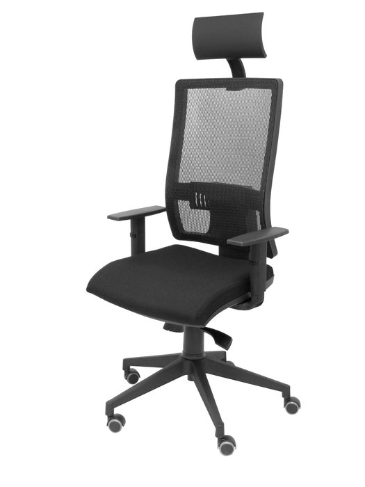 Silla de oficina Horna con mecanismo Sincro tapizada con Tela color Negro. Equipada con lumbar 1D, Brazos 1D, Cabecero Fijo y Ruedas de parqué