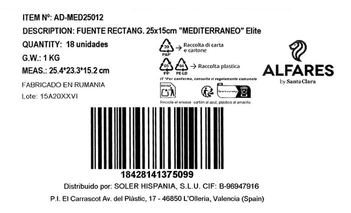 Alfares Fuente Rectangular Mediterráneo Elite 25x15cm