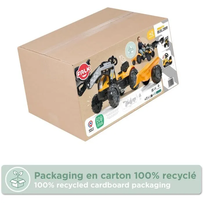 Falk Tractor de Pedales Mighty Builder con Remolque Amarillo 100% Fabricado en Francia 50% Plástico Reciclado 2+ Años