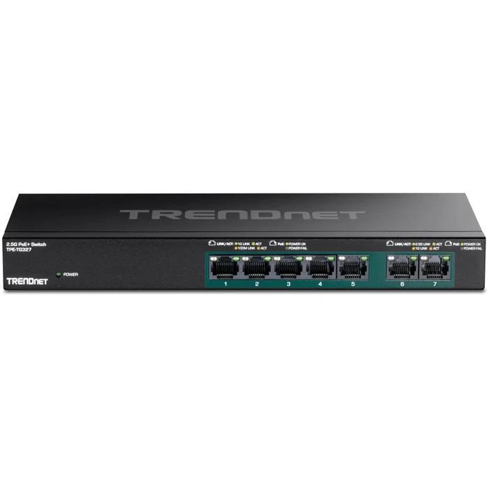 TRENDNET TPE-TG327 Switch No Administrado, 7 Puertos (5x Gigabit + 2x 2.5G Multigigabit), PoE+ con 70W de Presupuesto, 20 Gbit/s Capacidad de Conmutación