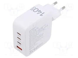 Qoltec 140W GaN Blanco con 3 puertos USB-C PD y 1 puerto USB QC 3.0