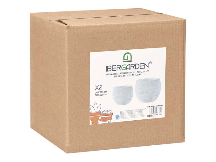 Ibergarden Set de 2 Macetas Rayadas en Blanco, Modelo de 19 cm y 25 cm, Cerámica, 24.5x24.5x20 cm y 18.5x18.5x14.5 cm (Set de 2)