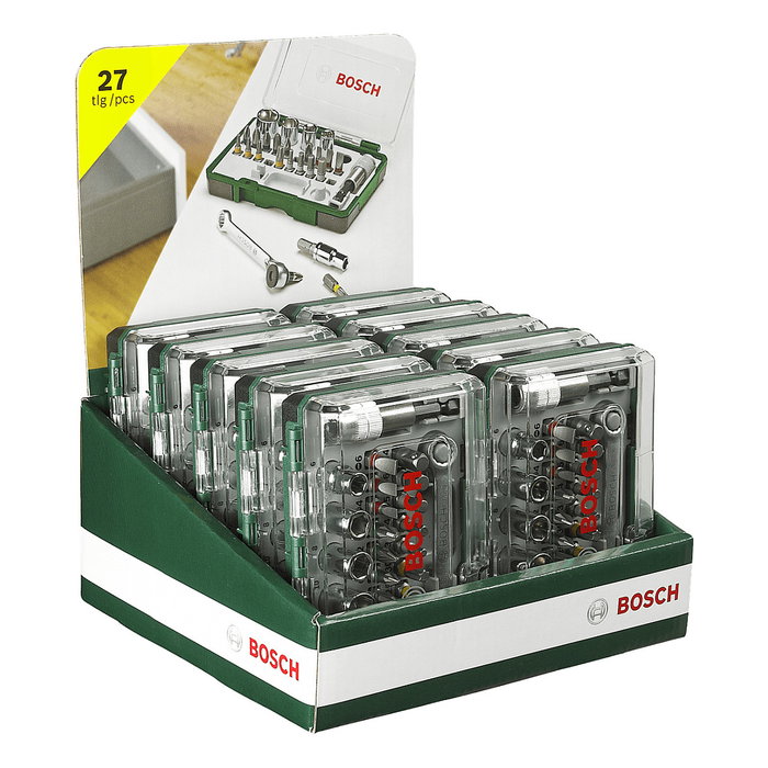 Bosch 2 607 017 160 - Juego de llaves de vaso y carraca de 27 piezas, magnético, con funda, incluye bits Pozidriv, Torx, PH, planos y hexagonales