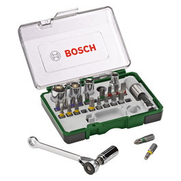 Bosch 2 607 017 160 - Juego de llaves de vaso y carraca de 27 piezas, magnético, con funda, incluye bits Pozidriv, Torx, PH, planos y hexagonales
