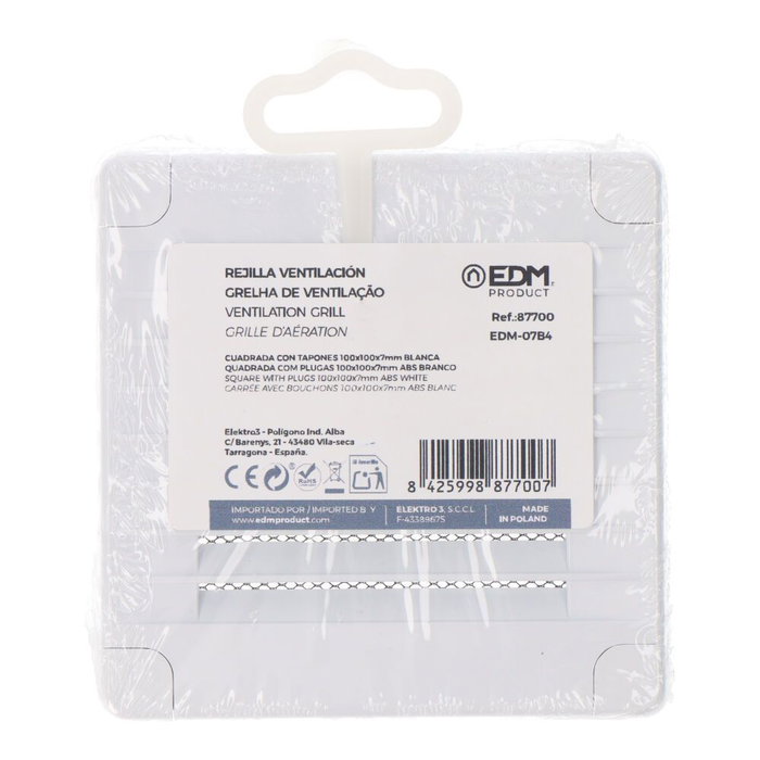 Edm Rejilla ventilación cuadrada con tapones y mosquitera 100x100x7mm ABS Blanca Edm Rejilla ventilación cuadrada con tapones y mosquitera 100x100x7mm ABS Blanca