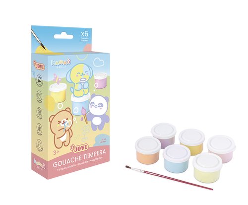 Jovi Estuche de Témpera Kawaii Colores Pastel con Pincel, 6 Botes de 35ml