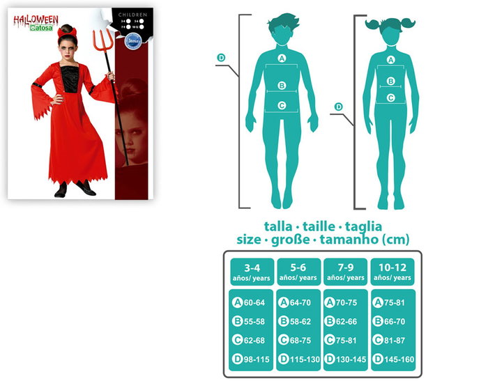 Disfraz Demonia Infantil Niña Vestido y Cuernos para 3-4 Años Halloween