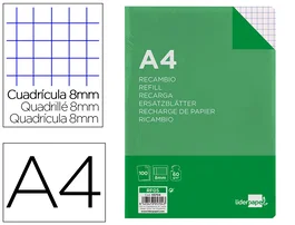 Liderpapel Recambio A4 100 hojas 60gr cuadro 8mm con margen 4 taladros