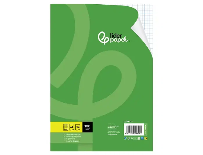 Liderpapel Recambio A4 100 hojas 60gr cuadro 8mm con margen 4 taladros
