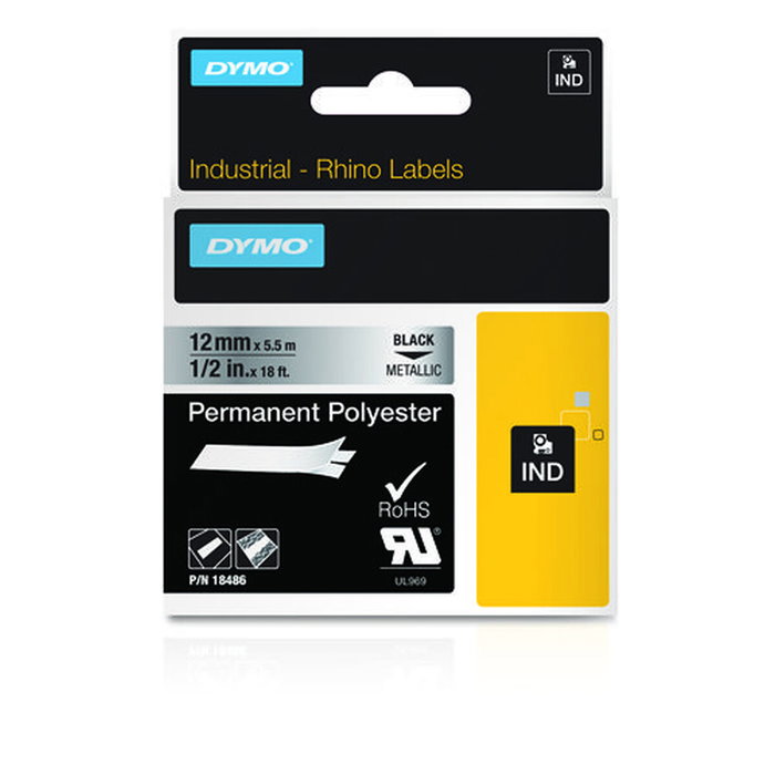 Dymo Cinta de Etiquetas Industrial Rhino ID1-12, Negro sobre Plateado, 12mm x 5,5m