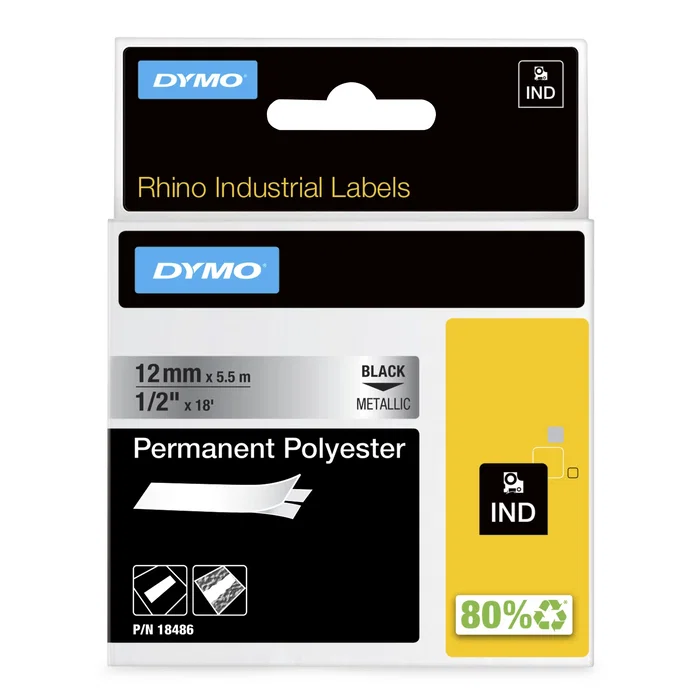 Dymo Rhino Cinta de Etiquetas Industrial 12mm x 5,5m Negro sobre Plata
