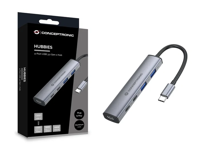 Conceptronic HUBBIES22G Hub USB 3.2 Gen 1 Type-C con 5 puertos y 100W PD Gris Conceptronic HUBBIES22G Hub USB 3.2 Gen 1 Type-C con 5 puertos y 100W PD Gris