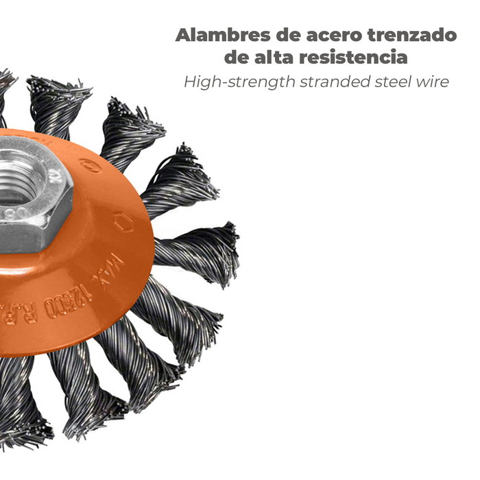 WOLFPACK LINEA PROFESIONAL Cepillo Oblicuo de Acero Trenzado M14 100 mm