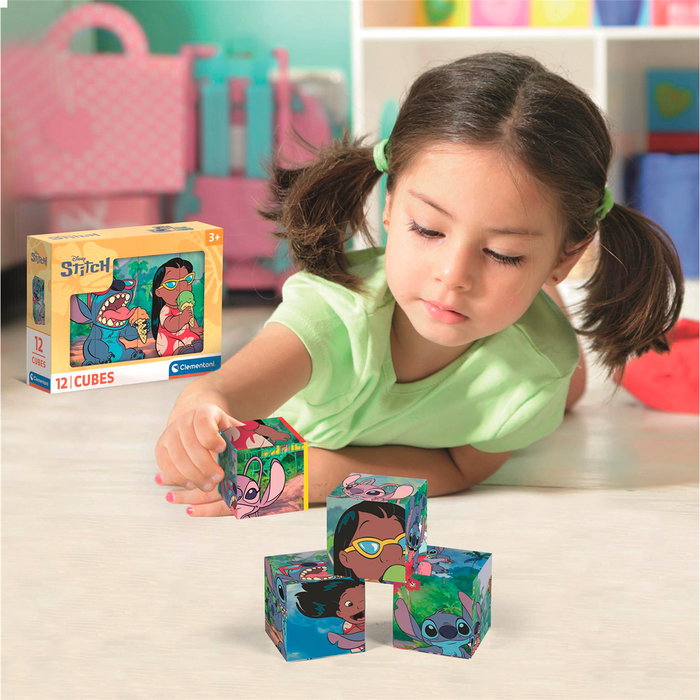 Clementoni 41347 Cubos 12 Stitch, Puzzle de Cubos Disney con 12 Piezas para Crear 6 Imágenes, +3 Años