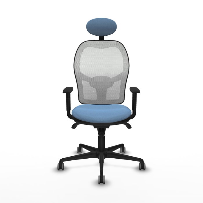 Silla de oficina Jorquera con mecanismo Sincro tapizada con Tela color Azul cielo y malla color Blanco. Equipada con lumbar 1D, Brazos 1D, Cabecero Fijo y Ruedas 65 mm parqué