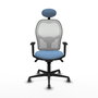 Silla de oficina Jorquera con mecanismo Sincro tapizada con Tela color Azul cielo y malla color Blanco. Equipada con lumbar 1D, Brazos 1D, Cabecero Fijo y Ruedas 65 mm parqué