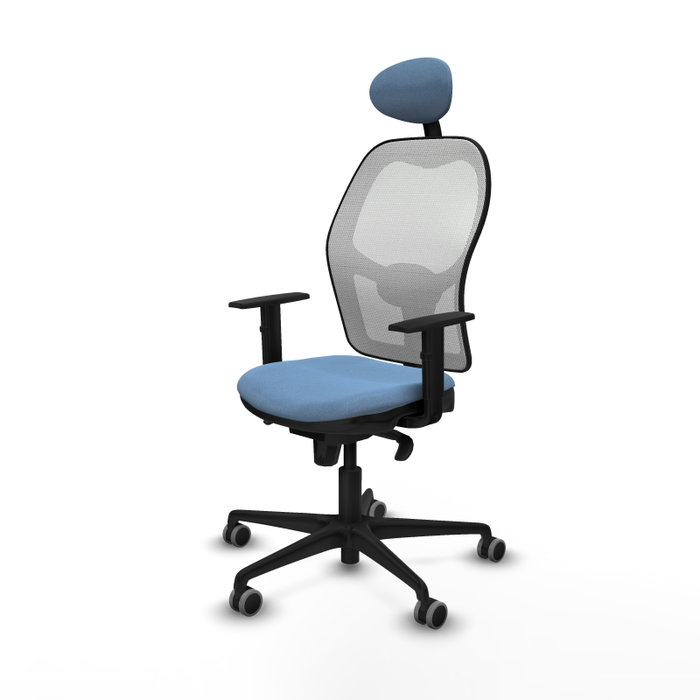 Silla de oficina Jorquera con mecanismo Sincro tapizada con Tela color Azul cielo y malla color Blanco. Equipada con lumbar 1D, Brazos 1D, Cabecero Fijo y Ruedas 65 mm parqué