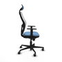 Silla de oficina Jorquera con mecanismo Sincro tapizada con Tela color Azul cielo y malla color Blanco. Equipada con lumbar 1D, Brazos 1D, Cabecero Fijo y Ruedas 65 mm parqué