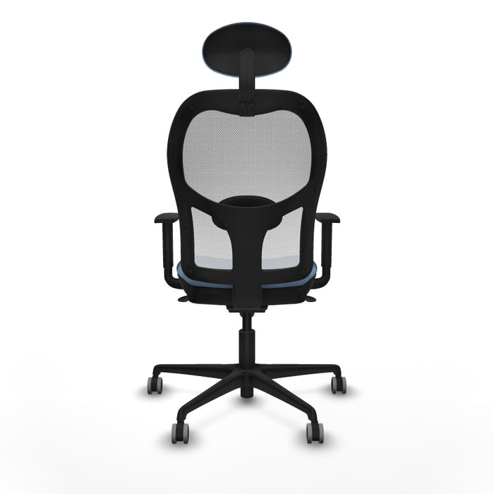 Silla de oficina Jorquera con mecanismo Sincro tapizada con Tela color Azul cielo y malla color Blanco. Equipada con lumbar 1D, Brazos 1D, Cabecero Fijo y Ruedas 65 mm parqué