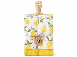 DKD Home Decor Set de 3 Paños de Algodón y Tabla de Madera de Pino Limones