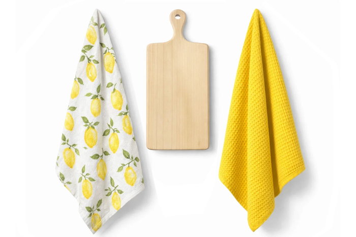 DKD Home Decor Set de 3 Paños de Algodón y Tabla de Madera de Pino Limones
