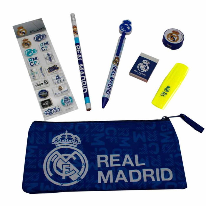 CYP BRANDS Set Papeleria Real Madrid 7 Piezas con Portatodo, Lápiz, Borrador, Sacapuntas y Bolígrafo