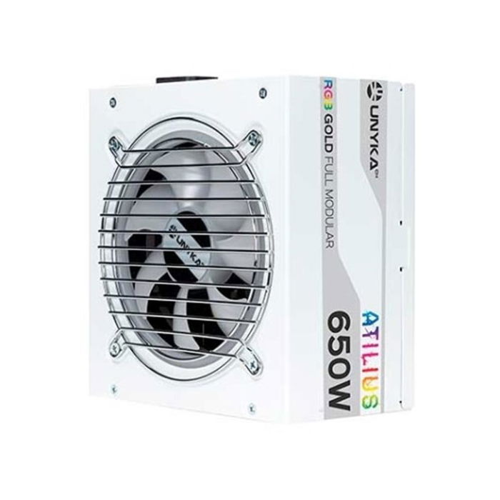 Unykach Atilius White Gaming ATX 650W - Fuente de Alimentación Modular con Eficiencia 90%, 1 Ventilador de 120 mm, Blanco