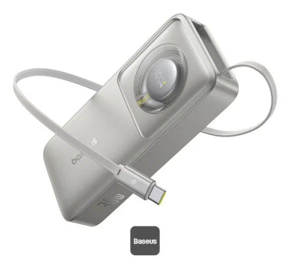 Baseus Power Bank 10000mAh 30W Retractable Cable, Carga Rápida PD QC, Color Gris