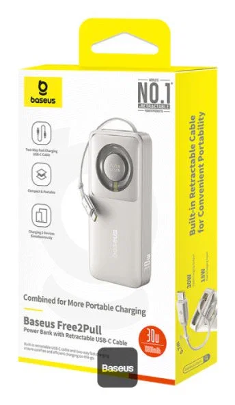 Baseus Power Bank 10000mAh 30W Retractable Cable, Carga Rápida PD QC, Color Gris