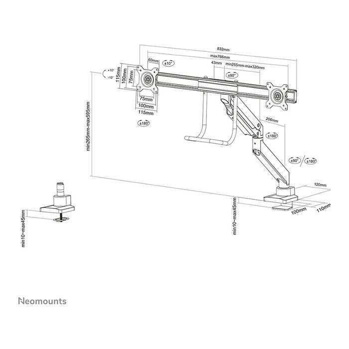 Newstar NEOMOUNTS NM-D775DXSILVER Brazo de monitor de escritorio, 2 pantallas 10-32 pulgadas (81,3 cm), soporte de gas, 8 kg, 100x100/75x75 mm, giro 360 grados, color plata