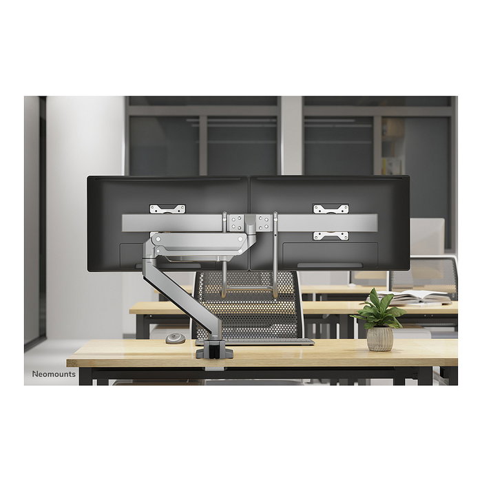 Newstar NEOMOUNTS NM-D775DXSILVER Brazo de monitor de escritorio, 2 pantallas 10-32 pulgadas (81,3 cm), soporte de gas, 8 kg, 100x100/75x75 mm, giro 360 grados, color plata