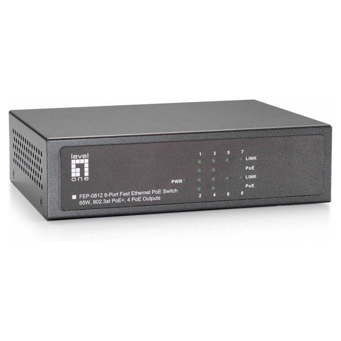 Level One FEP-0812 Switch Fast Ethernet 8 Puertos, 4 PoE Plus, 65W Level One FEP-0812 Switch Fast Ethernet 8 Puertos, 4 PoE Plus, 65W