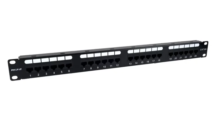 PHASAK PU 2421 - Panel de Parcheo/Patch Panel 19", 24 Puertos Cat.6A UTP RJ45 Dual, Diseño 1U para Rack, Color Negro