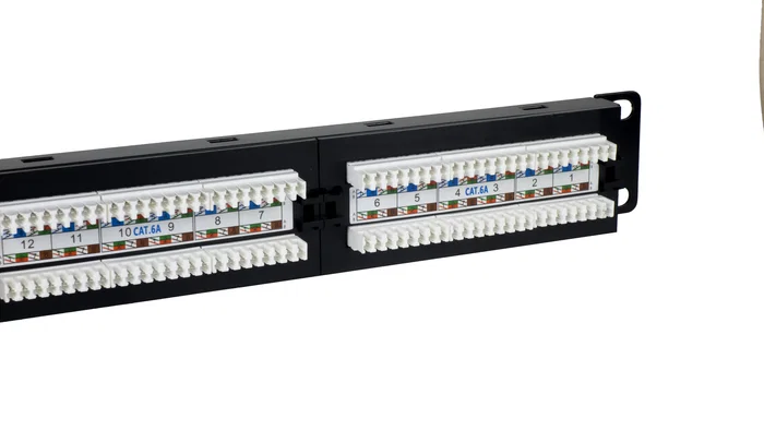 PHASAK PU 2421 - Panel de Parcheo/Patch Panel 19", 24 Puertos Cat.6A UTP RJ45 Dual, Diseño 1U para Rack, Color Negro