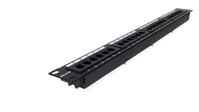 PHASAK PU 2421 - Panel de Parcheo/Patch Panel 19", 24 Puertos Cat.6A UTP RJ45 Dual, Diseño 1U para Rack, Color Negro