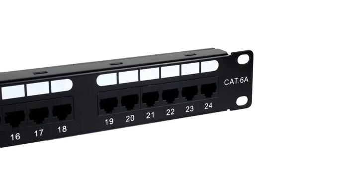 PHASAK PU 2421 - Panel de Parcheo/Patch Panel 19", 24 Puertos Cat.6A UTP RJ45 Dual, Diseño 1U para Rack, Color Negro