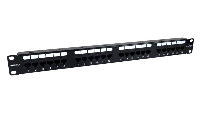 Phasak Panel de transferencia UTP Cat. 6A Dual 24 puertos 1U negro PU 2421 Phasak Panel de transferencia UTP Cat. 6A Dual 24 puertos 1U negro PU 2421