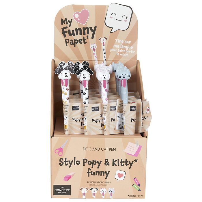 Jeux 2 momes Bolígrafo My Funny Papet con Lengua de Mascota, Modelos Surtidos Gato Gris Blanco Perro Orejas Marrones Negras