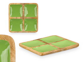 Giftdecor Bandeja Cuadrada 4 Espacios Madera Mango Verde 31 x 3 x 3 cm (Set de 6)