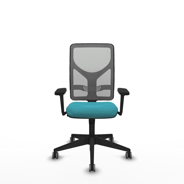 Silla de oficina Motilla con mecanismo Sincro tapizada con Tela color Turquesa y malla color Gris. Equipada con lumbar 1D, Brazos 3D y Ruedas 65 mm parqué