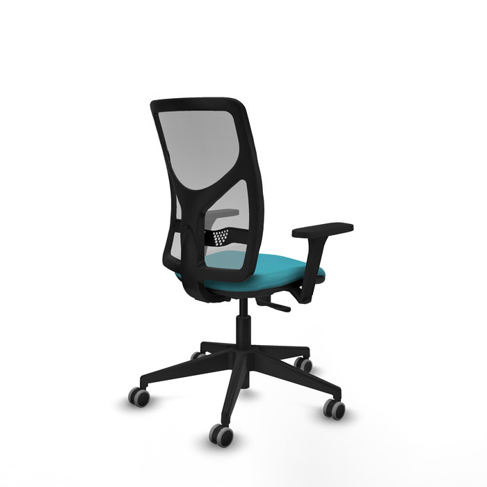 Silla de oficina Motilla con mecanismo Sincro tapizada con Tela color Turquesa y malla color Gris. Equipada con lumbar 1D, Brazos 3D y Ruedas 65 mm parqué