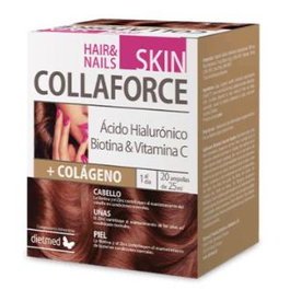 Dietmed Collaforce Skin Hair & Nails 20Amp. - Complemento Alimenticio con Colágeno Hidrolizado, Ácido Hialurónico, Biotina, Vitamina C y Zinc - 20 Ampollas