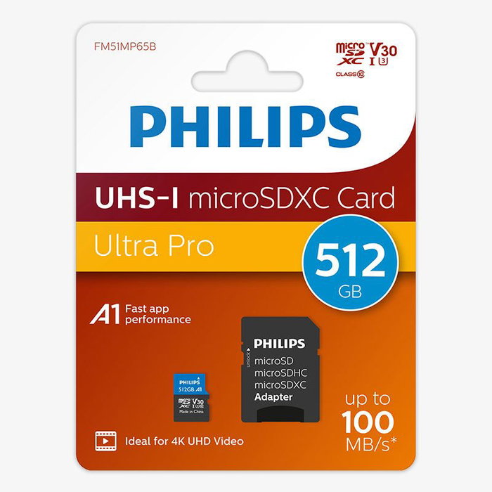 PHILIPS Tarjeta MicroSD 512GB, Clase 10, UHS-I, velocidad hasta 100MB/s, incluye adaptador a SD