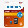 PHILIPS Tarjeta MicroSD 512GB, Clase 10, UHS-I, velocidad hasta 100MB/s, incluye adaptador a SD