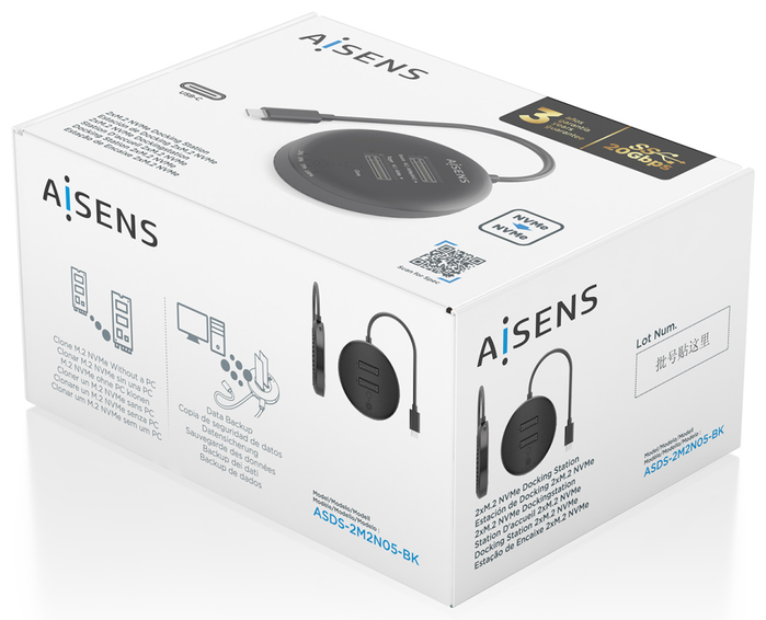 Aisens Estación de Docking Doble Bahía NVMe USB 3.2 Gen2x2 ASDS-2M2N05-BK Negro