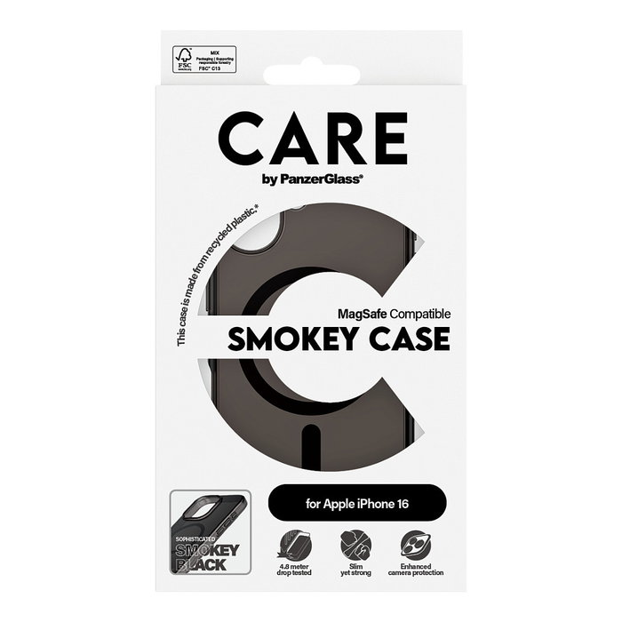PanzerGlass CARE Flagship Smokey MagSAFE Funda para iPhone 16, TPU, Resistente a Rayones y Golpes, Negro