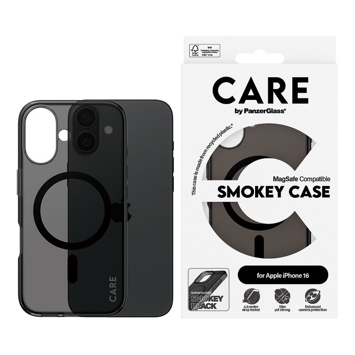 PanzerGlass CARE Flagship Smokey MagSAFE Funda para iPhone 16, TPU, Resistente a Rayones y Golpes, Negro
