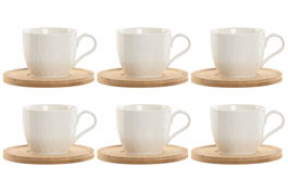 DKD Home Decor Tazas de Cafe de Porcelana y Bambu Blancas Naturales Set de 6 Piezas 220ml 8 x 7 x 11 cm