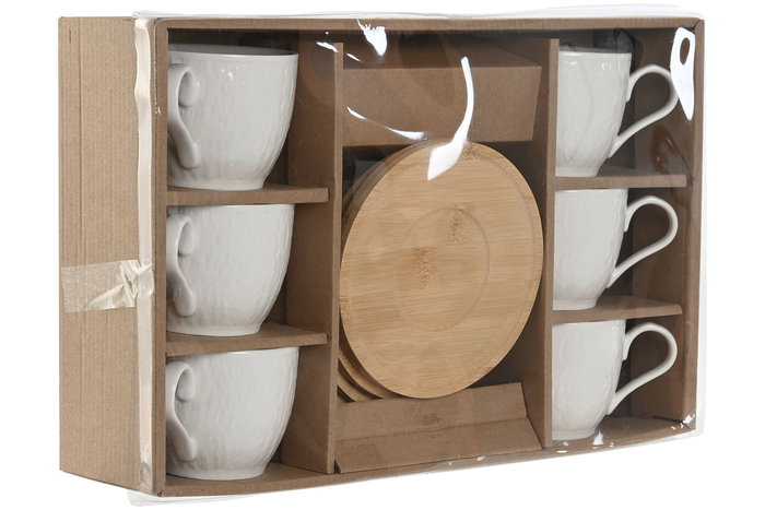 DKD Home Decor Tazas de Cafe de Porcelana y Bambu Blancas Naturales Set de 6 Piezas 220ml 8 x 7 x 11 cm