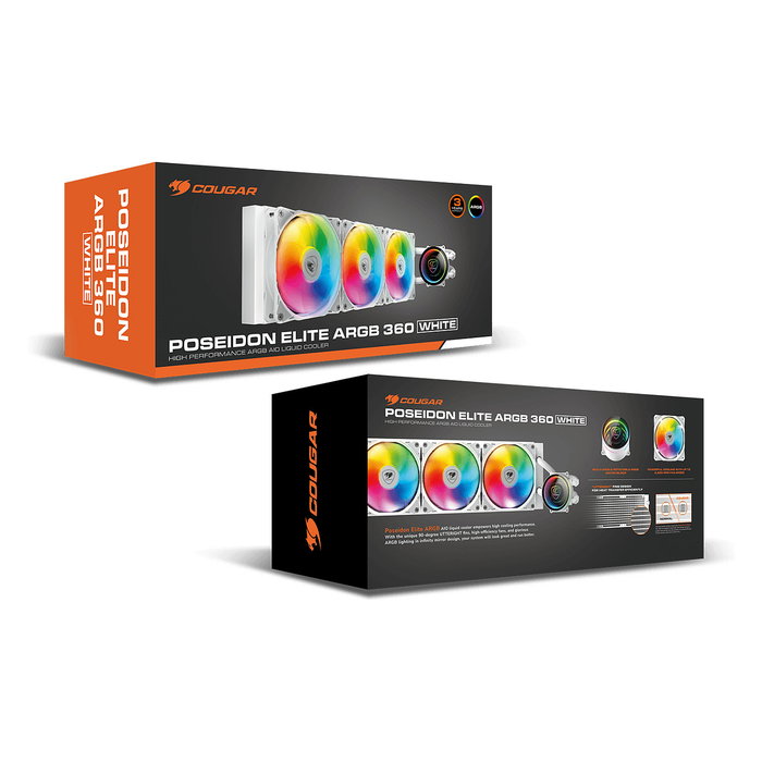 Cougar CGR-PSDELRGB-W-360 Poseidon Elite 360 Refrigeración Líquida CPU AIO ARGB, 3 Ventiladores de 12 cm, 2200 RPM, Blanco